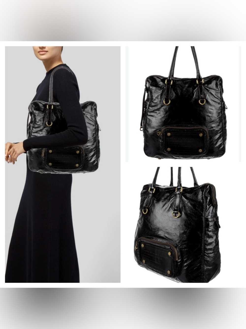 Marc by Marc Jacobs Black Patent Leather Tote with Front Pocket